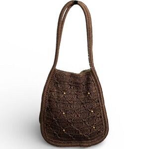 Talbots‎ 100% Paper Straw Dark Brown Crochet Beaded Rattan Handbag